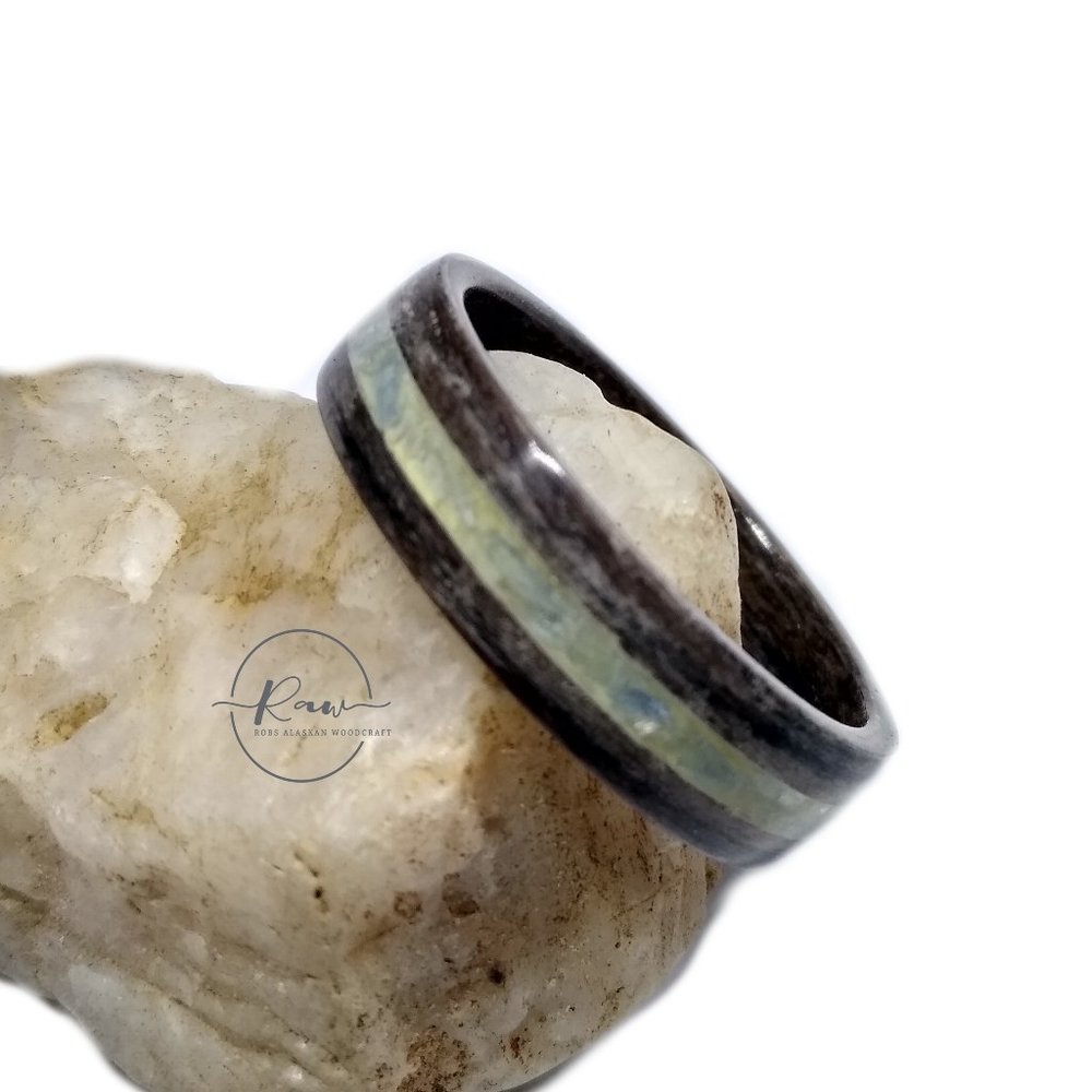 Gray Striped Ebony and Kyanite Bentwood Ring